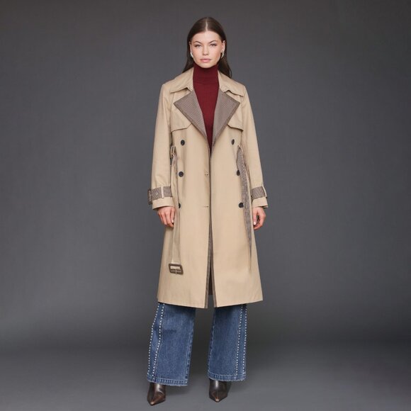 New Avec Les Filles Plaid Contrast Trim Trench Coat Tan XS $228 - Picture 2 of 7